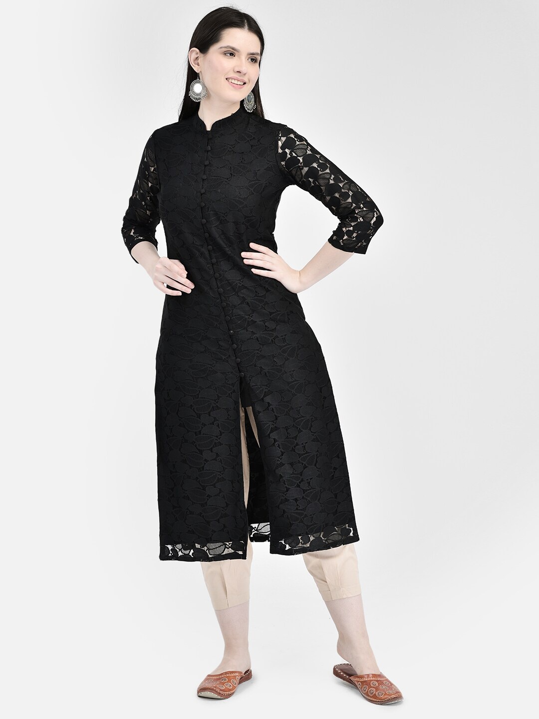 Ojjasvi Woven Design Mandarin Collar Kurta, Black