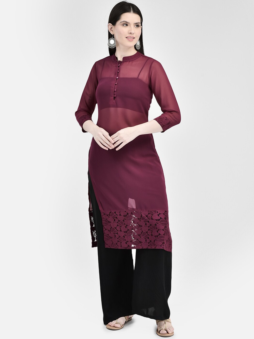 

Ojjasvi Mandarin Collar Transparent Georgette Straight Kurta, Maroon