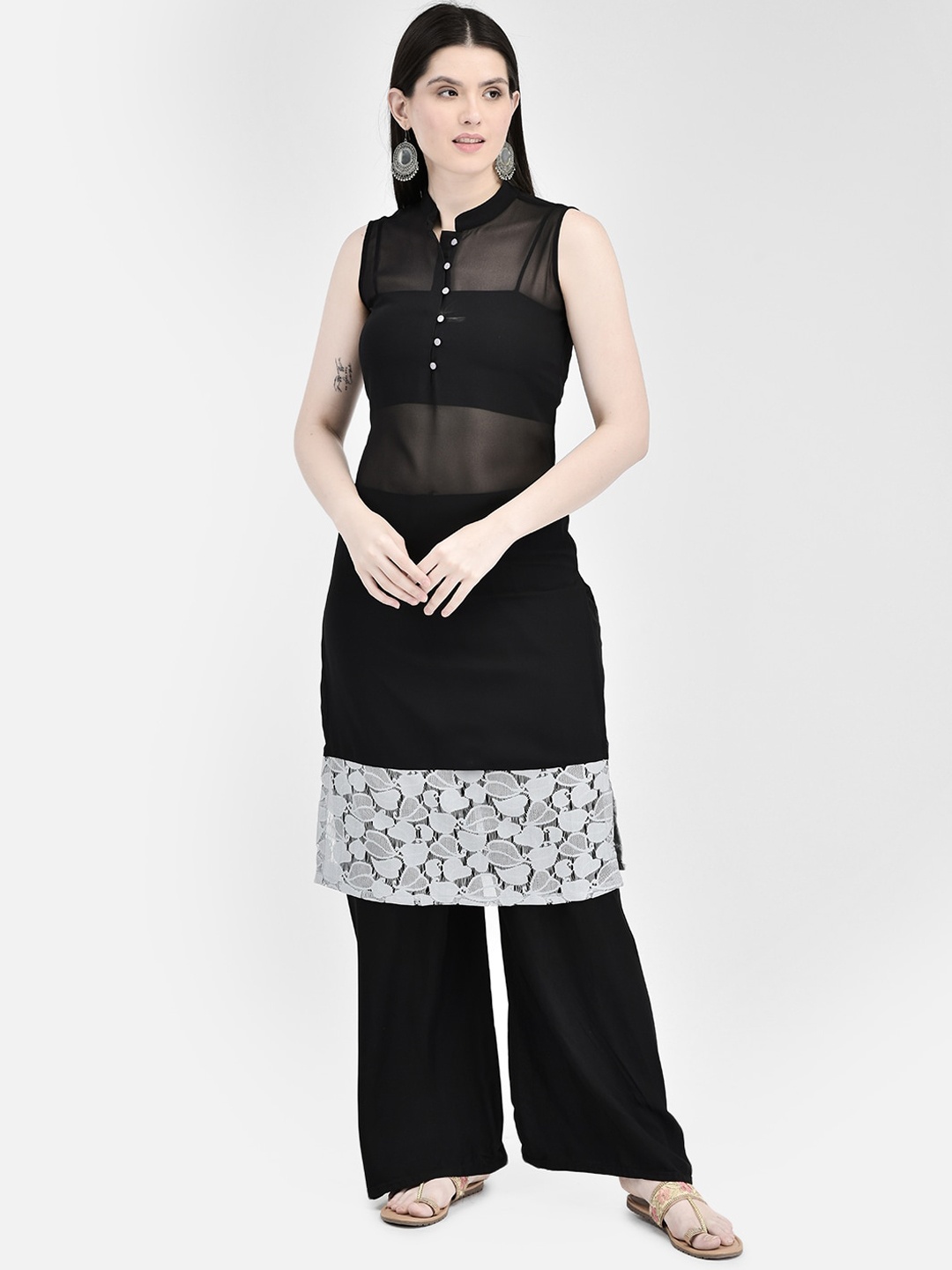 

Ojjasvi Mandarin Collar Sleeveless Georgette Kurta, Black