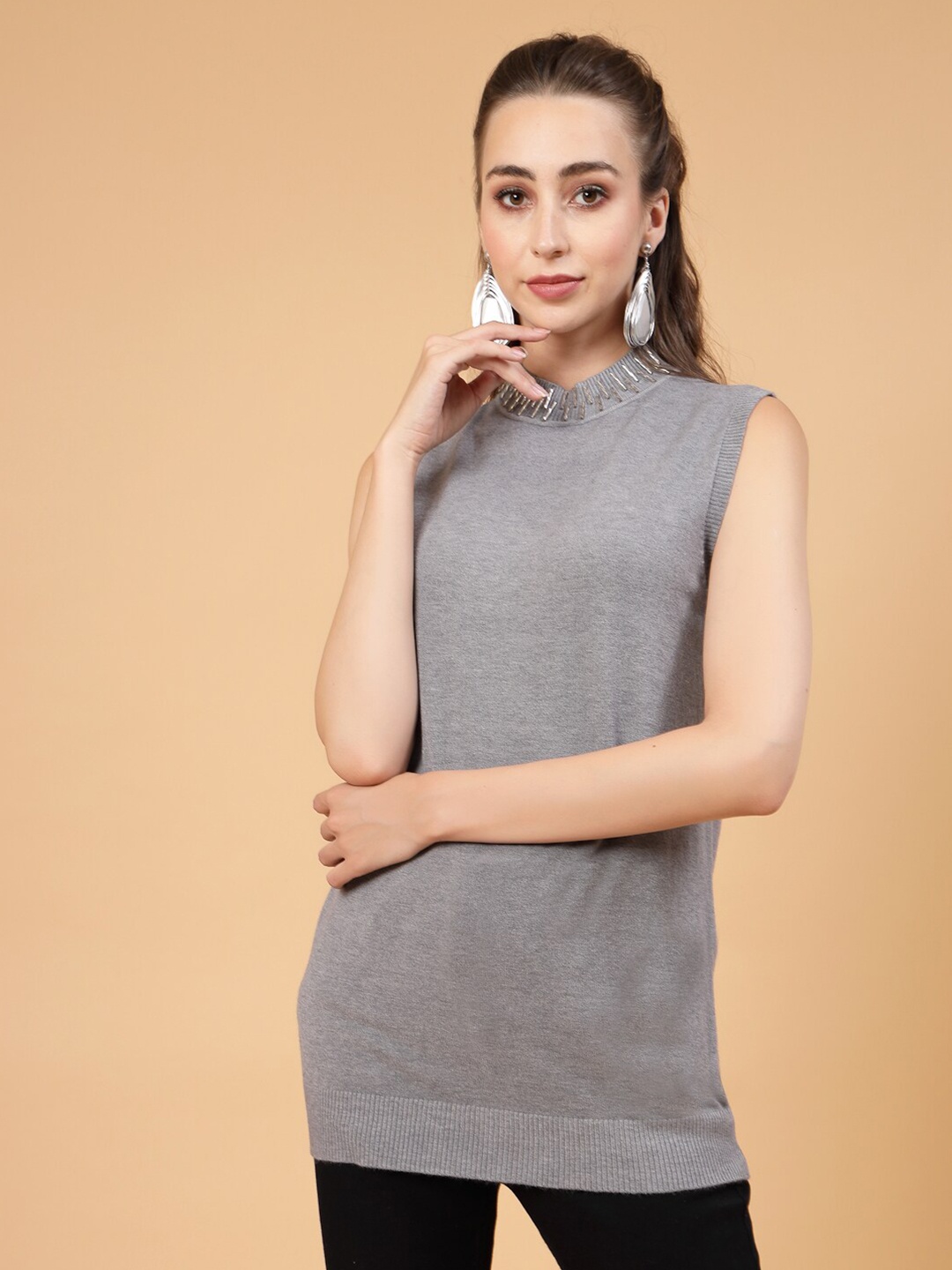 

Mafadeny Cable Knit Embellished Sleeveless Longline Pullover, Grey