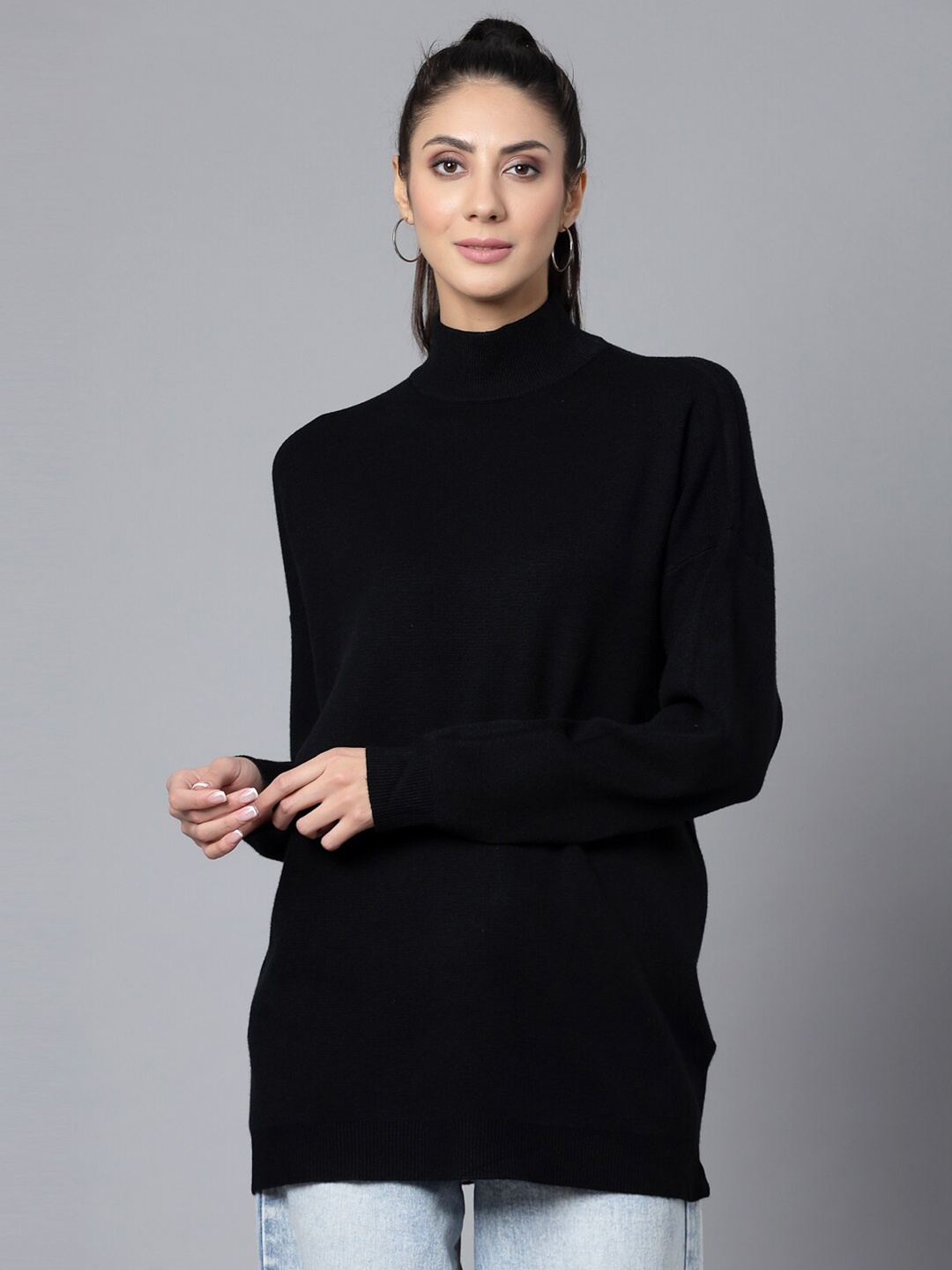 

Mafadeny Mock Neck Longline Pullover, Black
