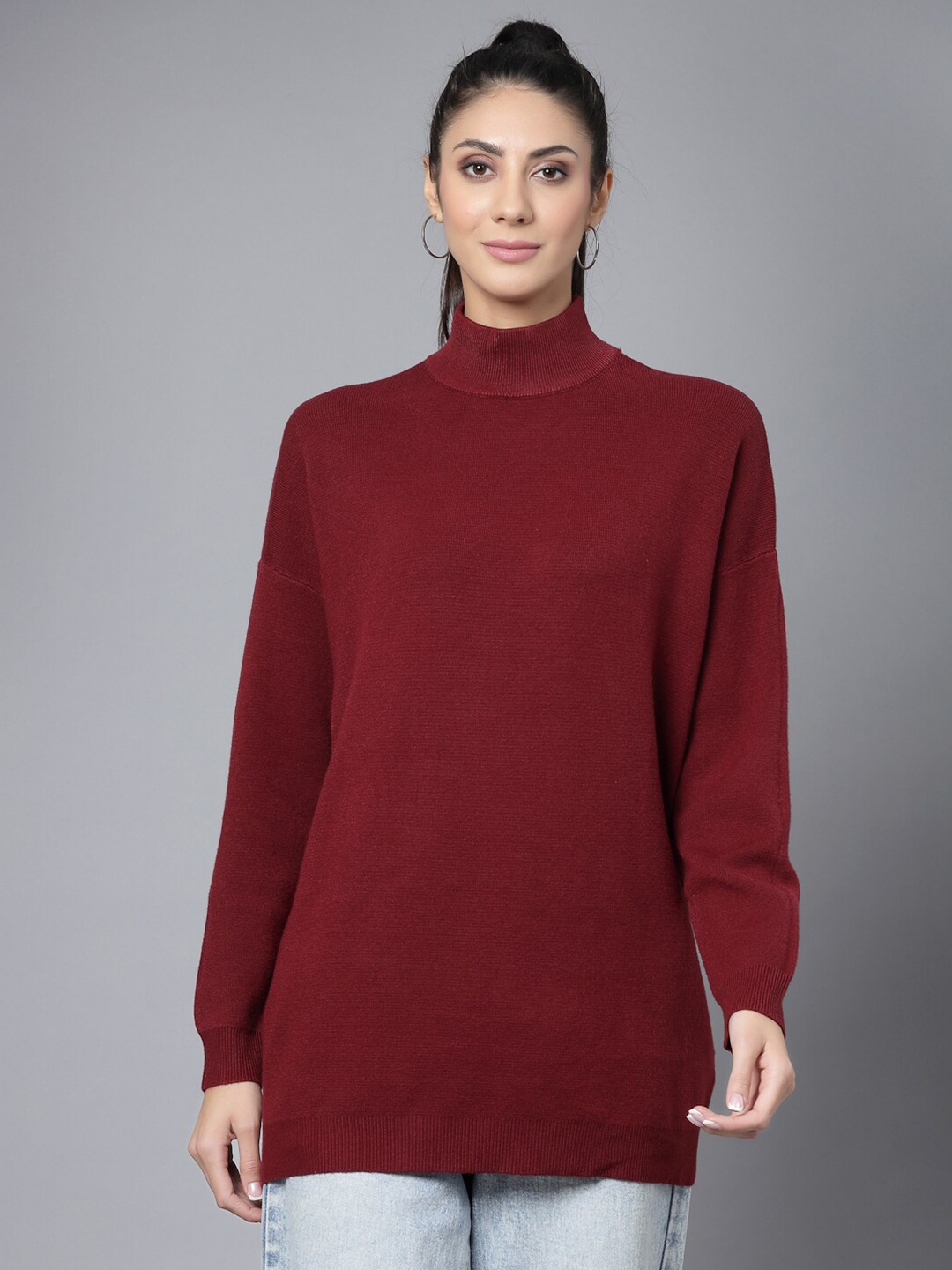 

Mafadeny Mock Neck Longline Pullover, Maroon