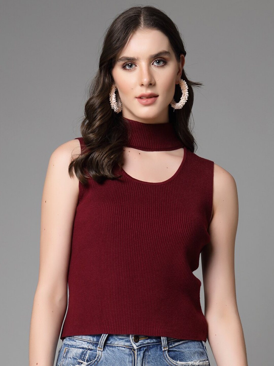 

Mafadeny Ribbed Mock Collar Pullover Sweaters, Maroon