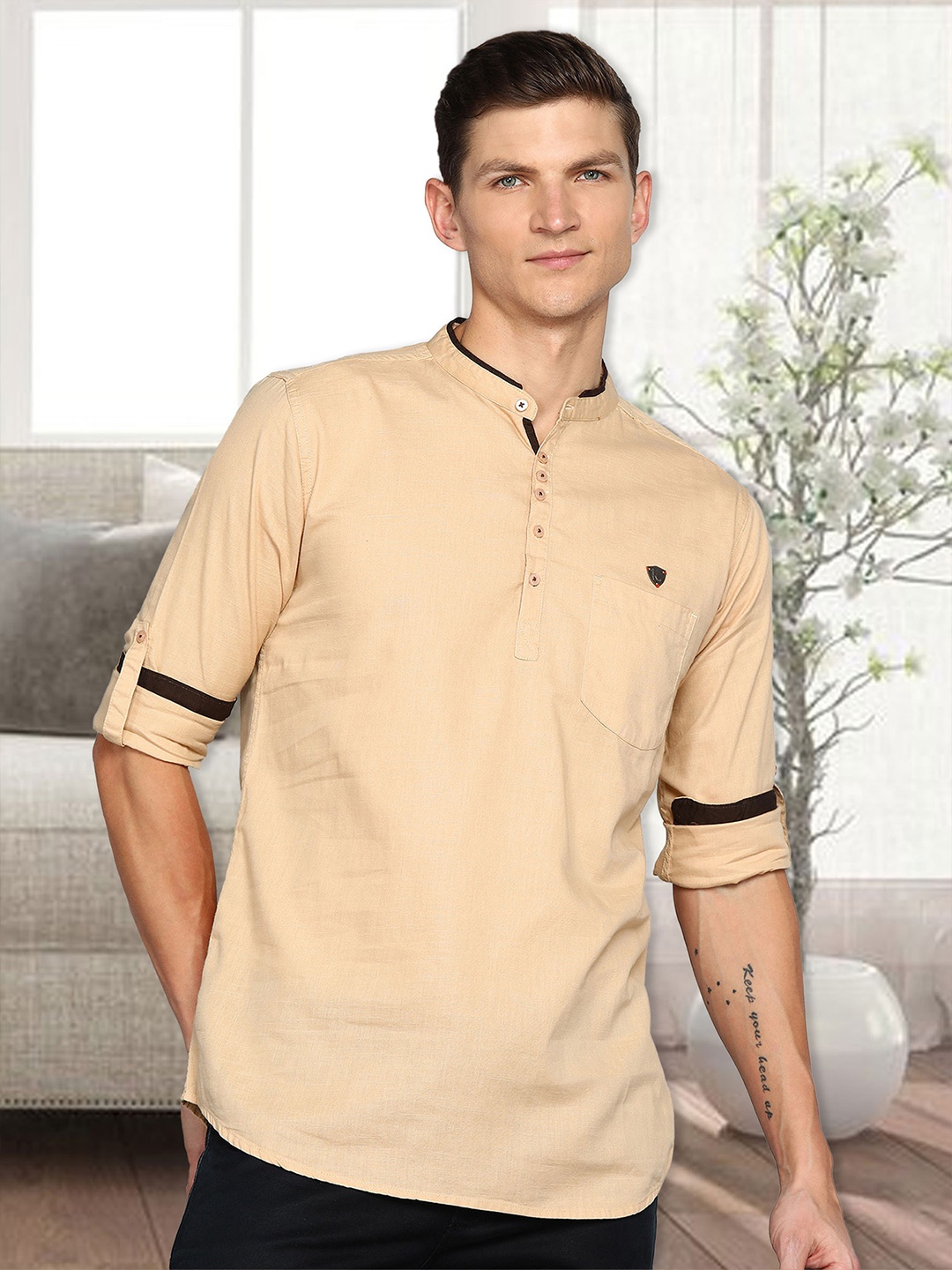 

Kuons Avenue Mandarin Collar Roll Up Sleeves Linen Cotton Kurta, Tan