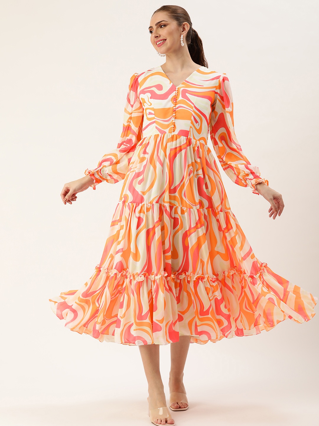 

Ethnovog Abstract Printed Puff Sleeve Georgette Fit & Flare Midi Dress, Multi