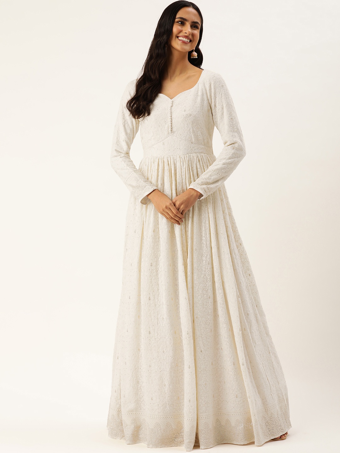 

Ethnovog Ethnic Motifs Embroidered Sequined Gown Dress, White