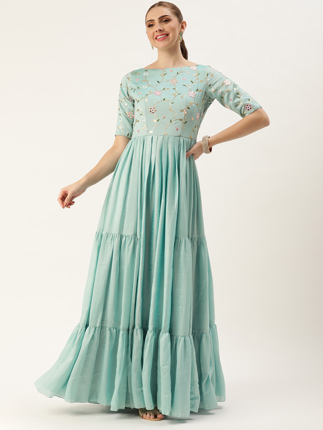 

Ethnovog Floral Embroidered Sequined Gown Dress, Green