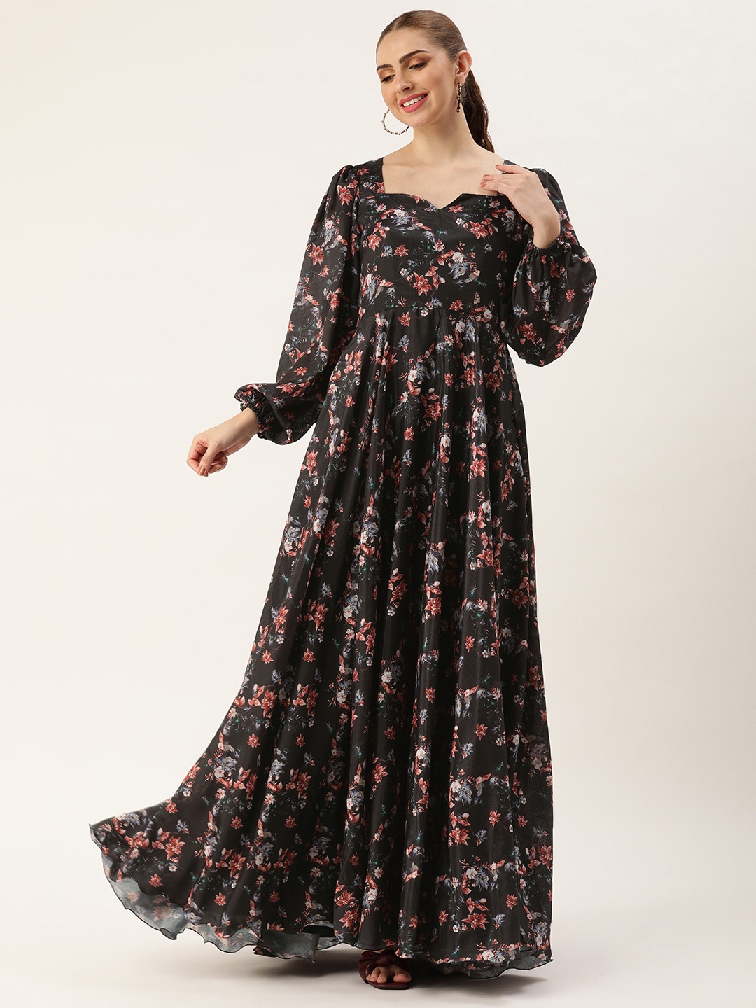 

Ethnovog Floral Printed Gathered Gown Ethnic Dress, Black