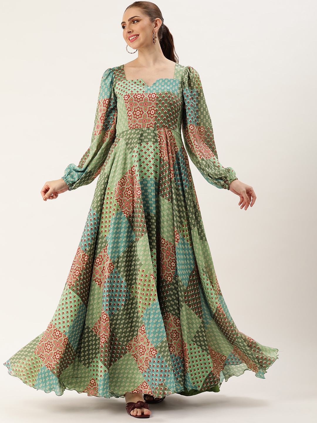 Ethnovog Ethnic Motifs Printed Gathered Gown Dress, Multi