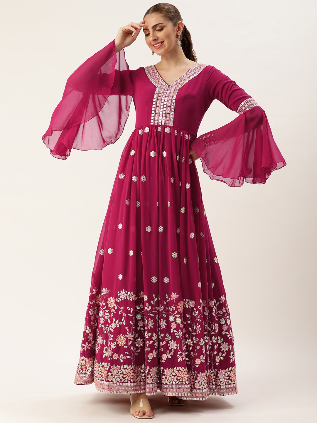 

Ethnovog Floral Embroidered Sequined Gown Ethnic Dress, Pink