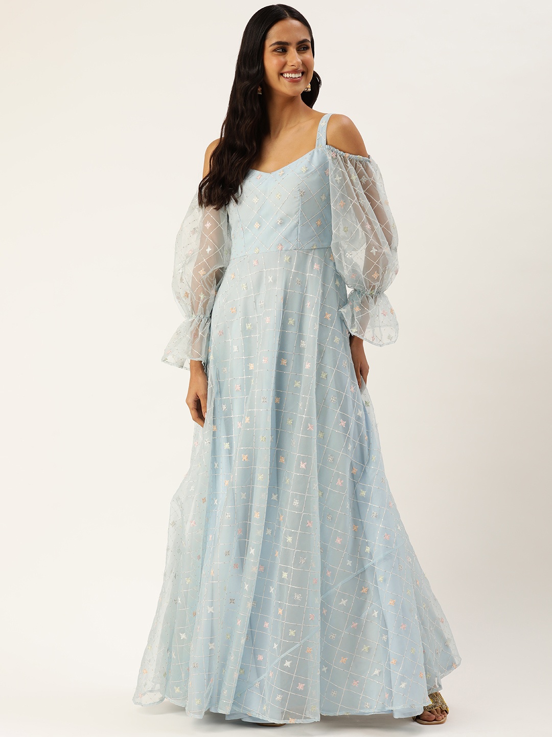 

Ethnovog Floral Embroidered Sequined Gown Dress, Blue