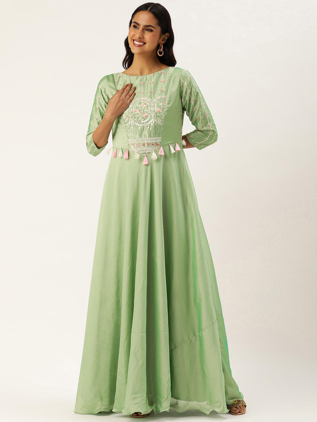 

Ethnovog Floral Embroidered Sequined Gown Dress, Green