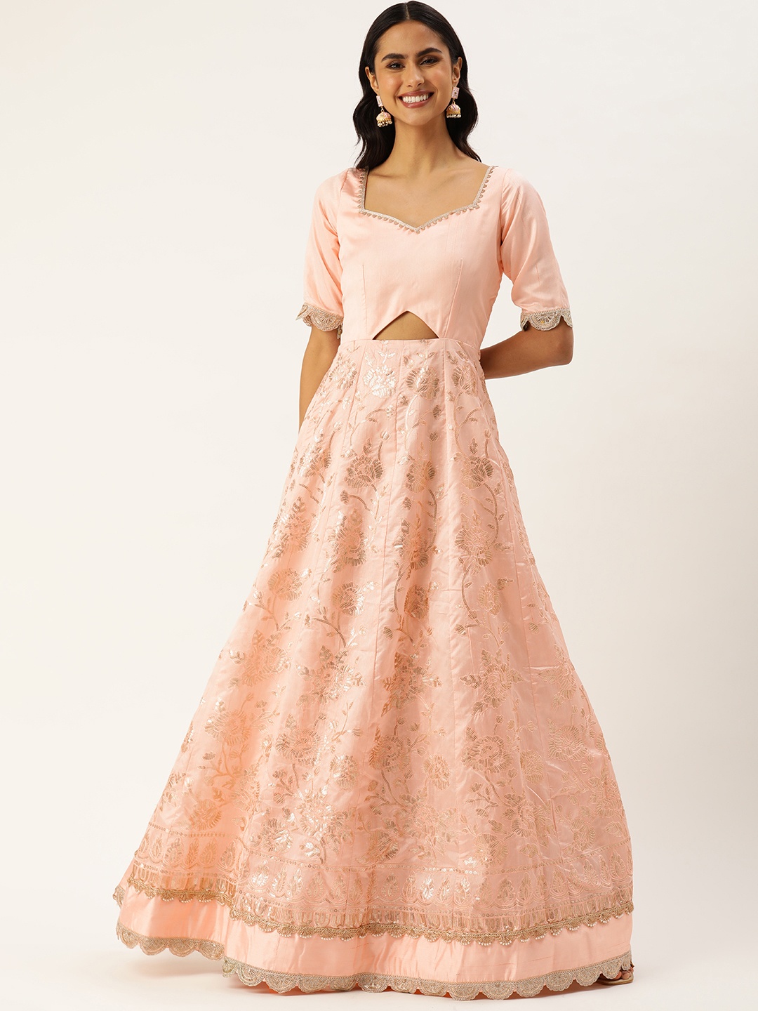 

Ethnovog Embellished Embroidered Cut-Outs Gown Dress, Peach