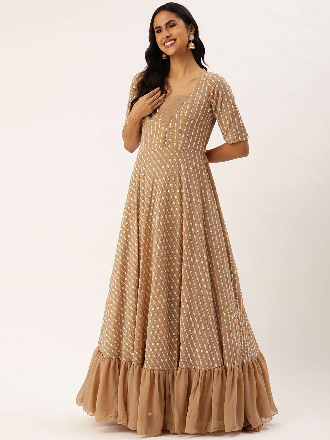 

Ethnovog Embroidered Sequinned Georgette Maxi Dress, Beige