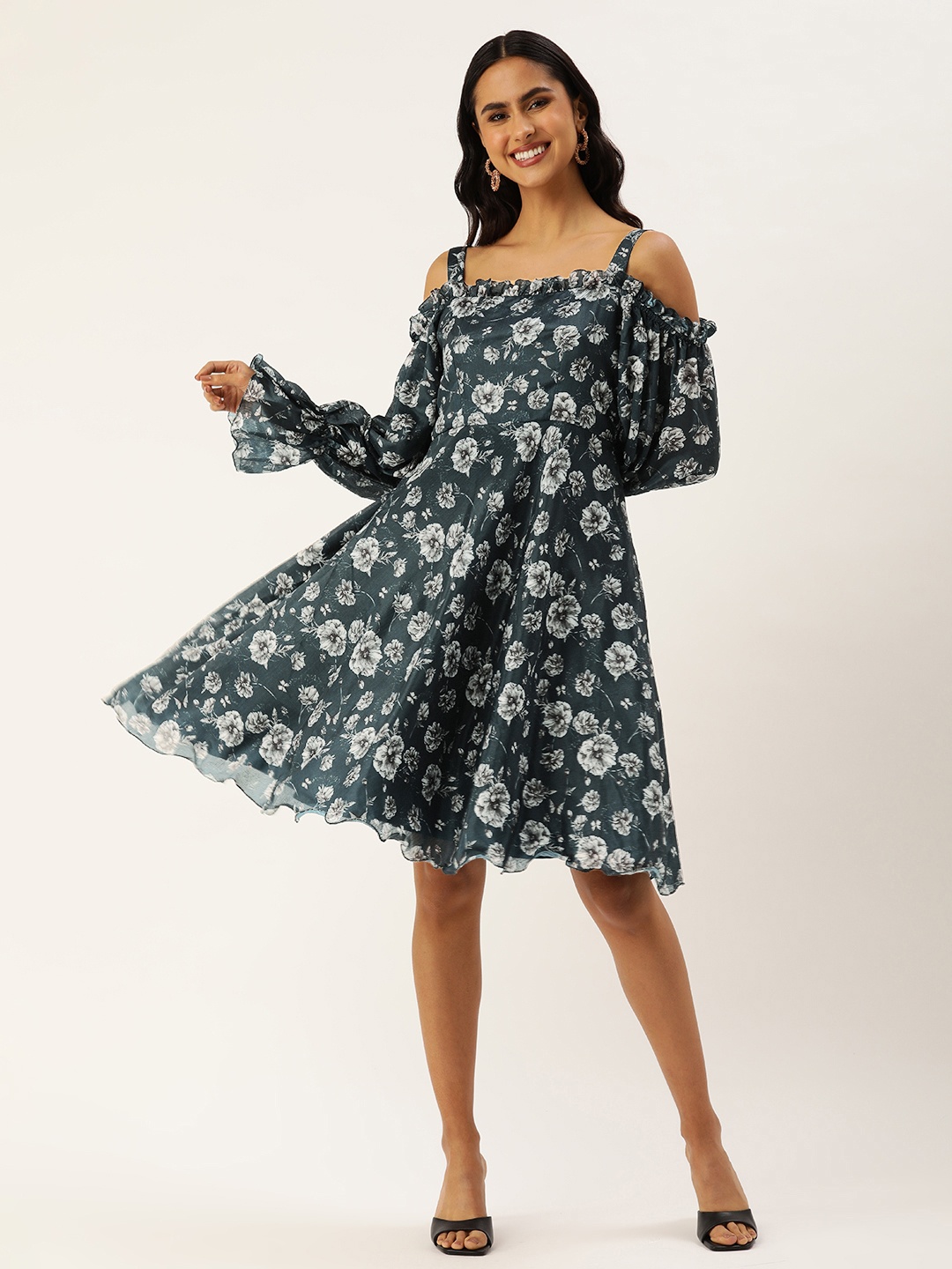 

Ethnovog Floral Printed Cold-Shoulder A-Line Dress, Blue