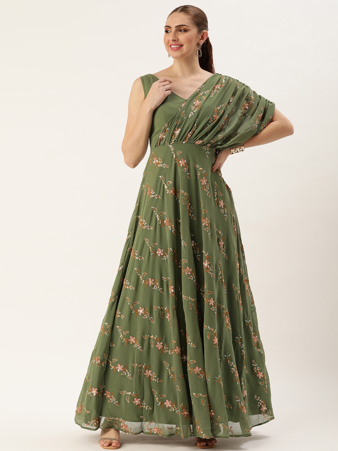 

Ethnovog Floral Embroidered Sequined Gown Dress, Green