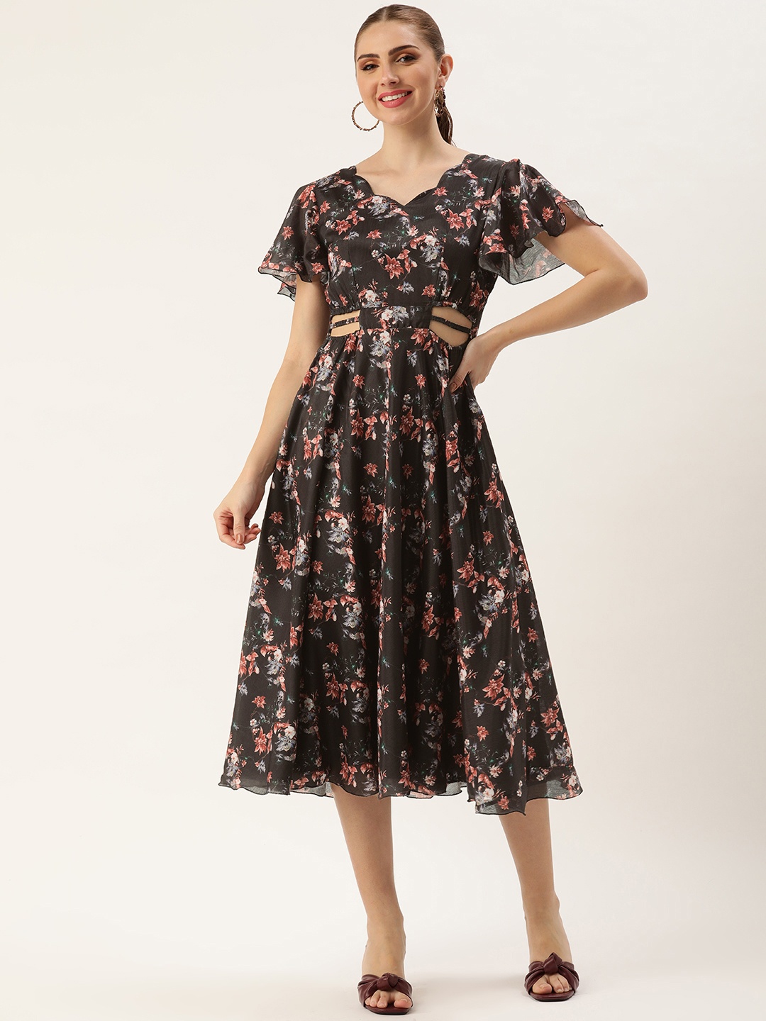 

Ethnovog Floral Printed Flared Sleeve A-Line Midi Dress, Black