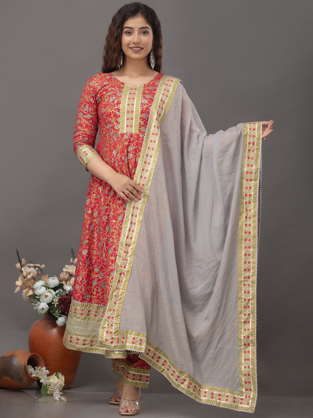 

Prakhya Ethnic Motifs Printed Gotta Patti Regular Kurta With Palazzos & Dupatta, Red