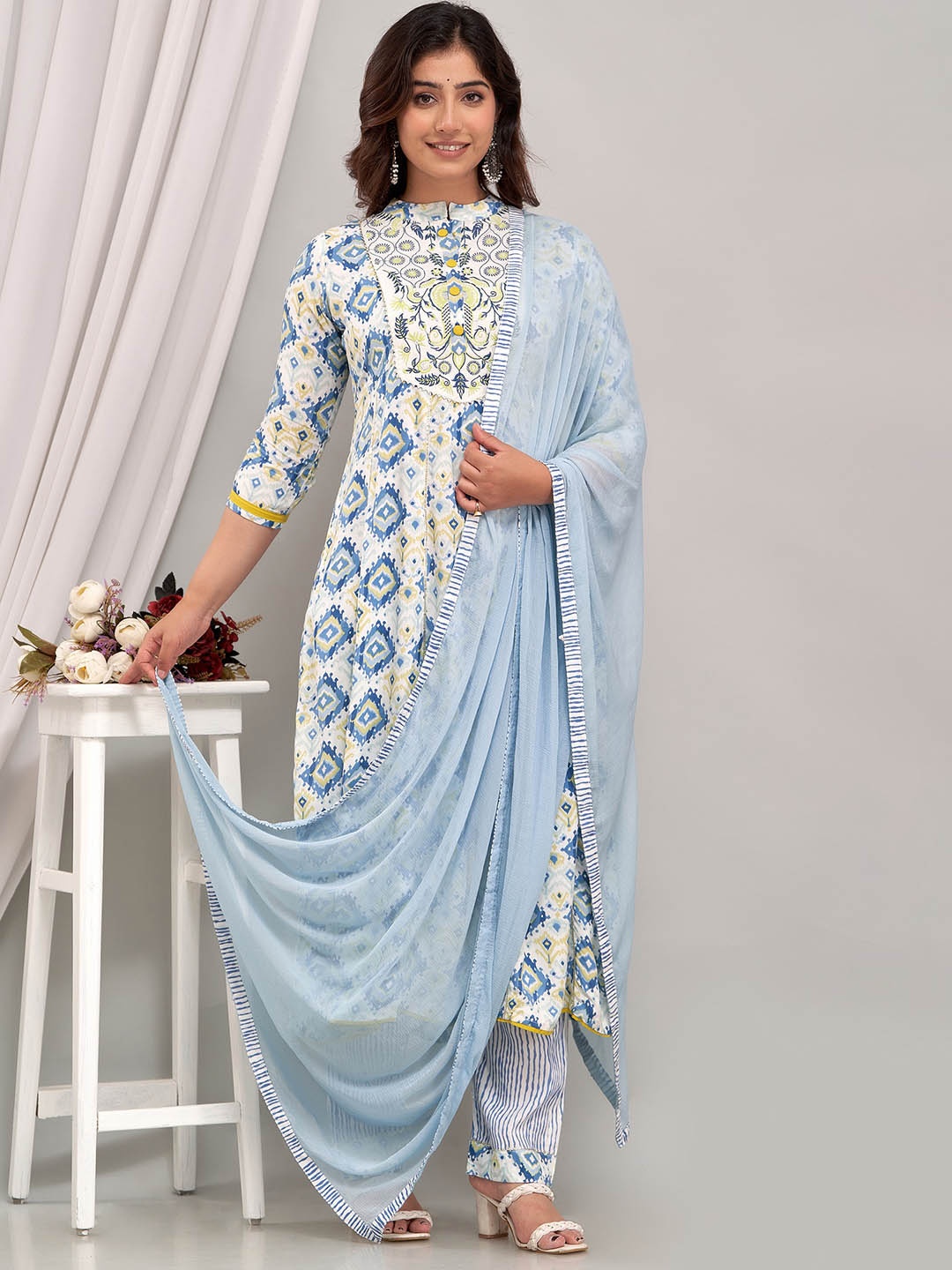 

Prakhya Ethnic Motifs Printed Gotta Patti Regular Kurta With Palazzos & Dupatta, Blue