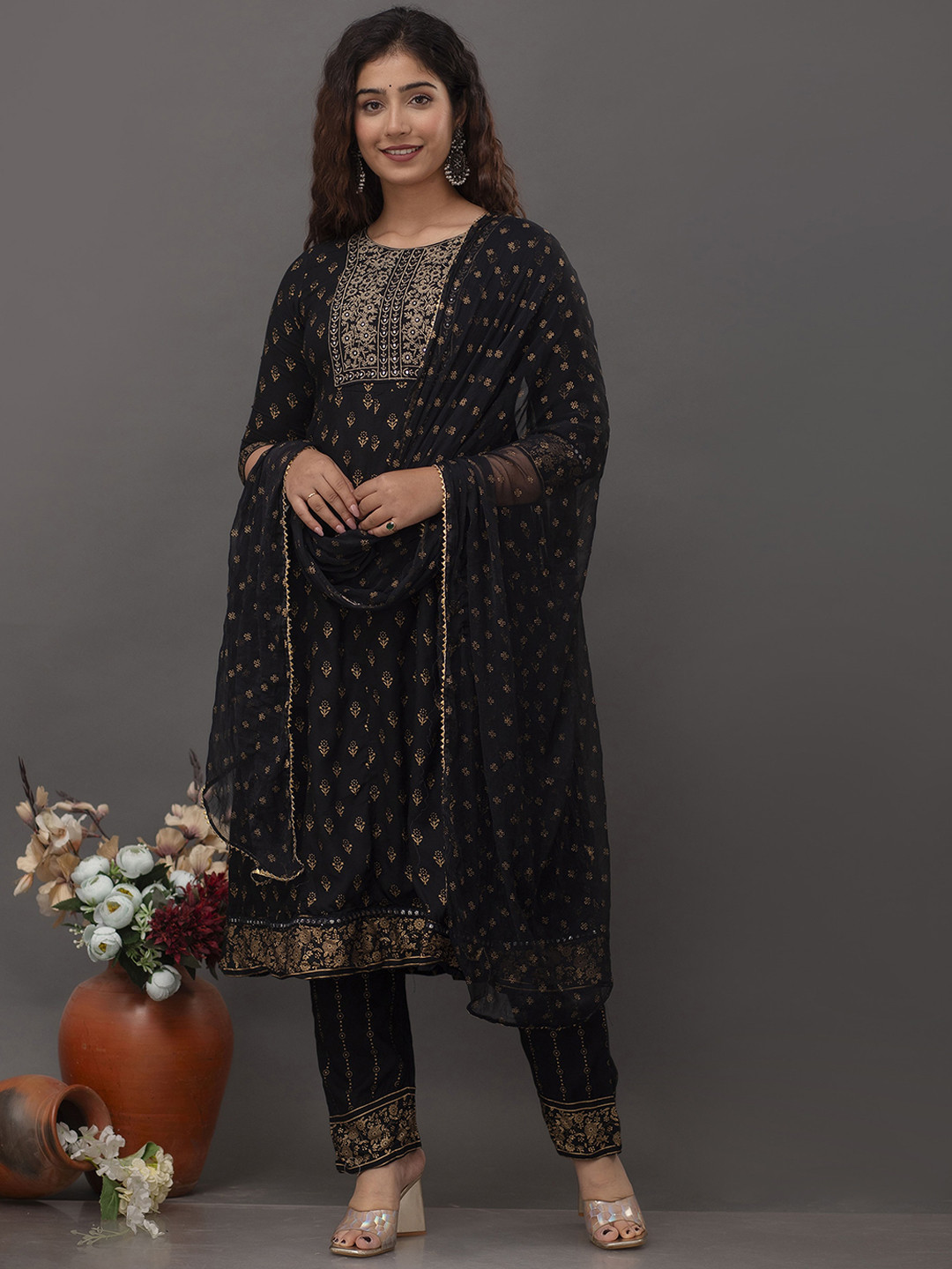 

Prakhya Ethnic Motifs Embroidered Thread Work Anarkali Kurta With Trousers & Dupatta, Black