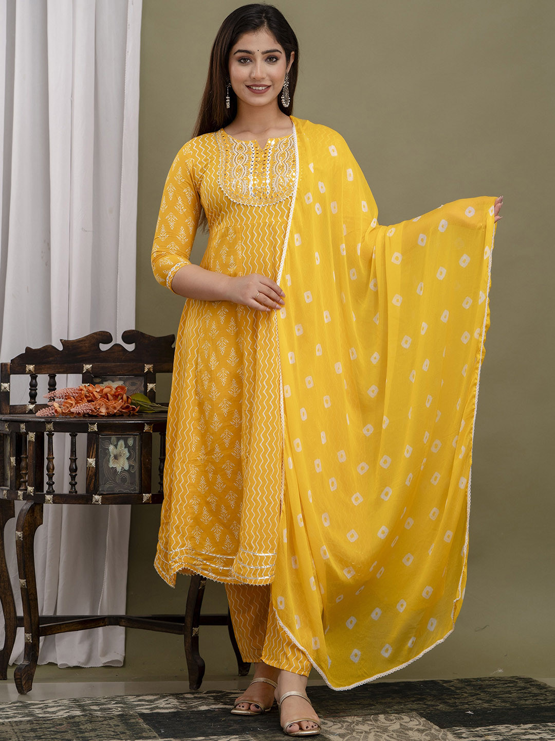 

Prakhya Ethnic Motifs Printed Regular Mirror Work Kurta With Palazzos & Dupatta, Yellow
