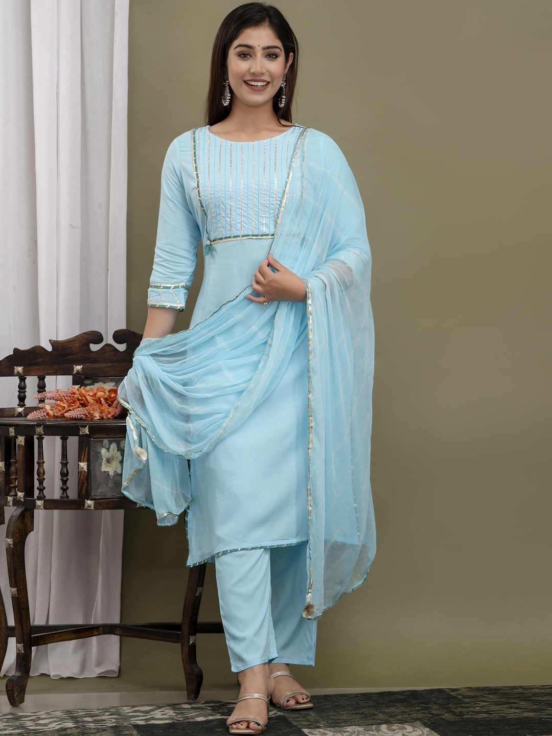 

Prakhya Striped Yoke Design Regular Gotta Patti Kurta With Trousers & Dupatta, Blue