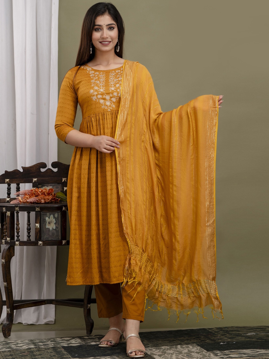 

Prakhya Ethnic Motifs Embroidered Regular Thread Work Kurta With Trousers & Dupatta, Yellow