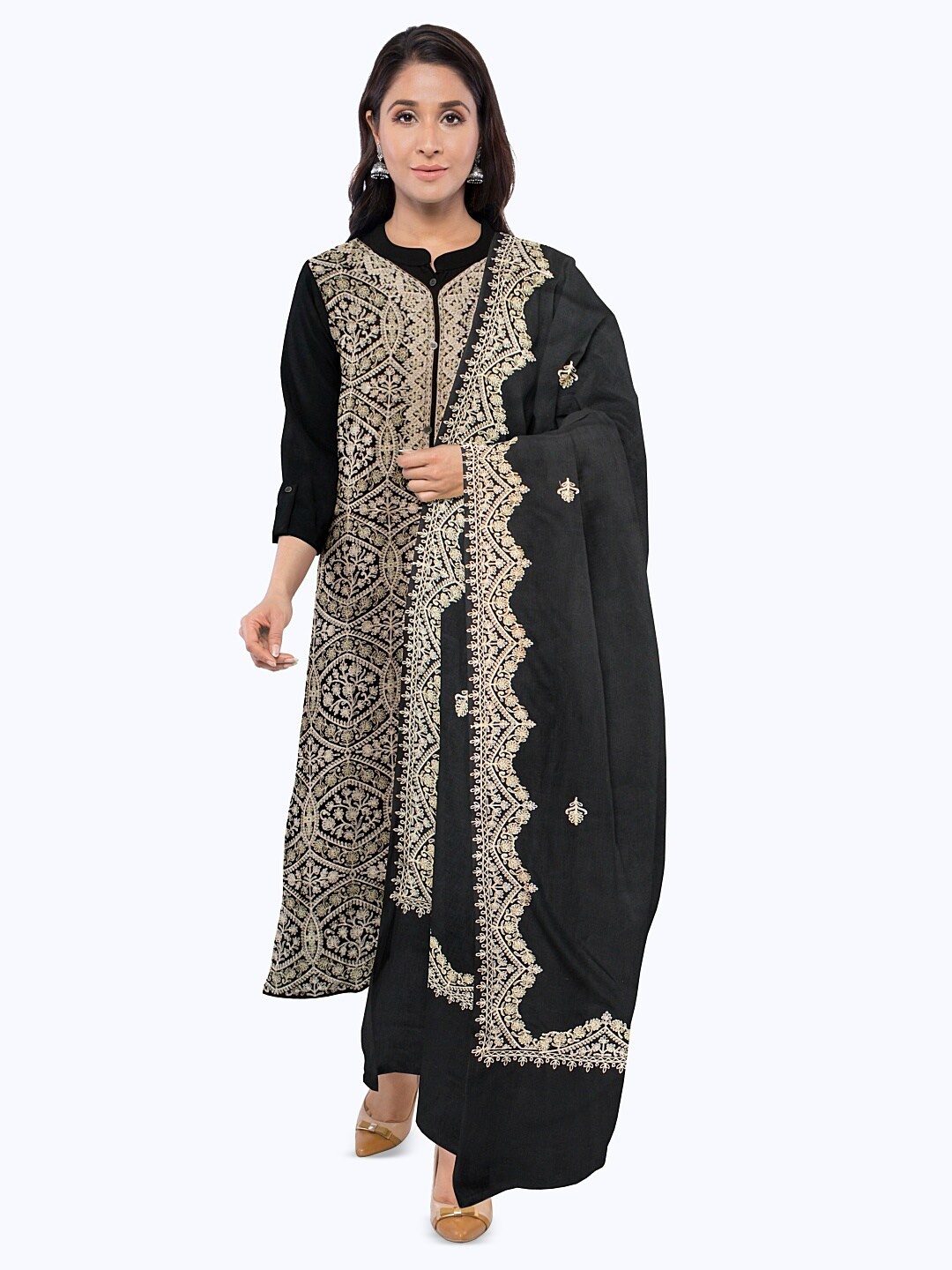 

CASMIR Ethnic Motifs Embroidered Zari Unstitched Dress Material, Black