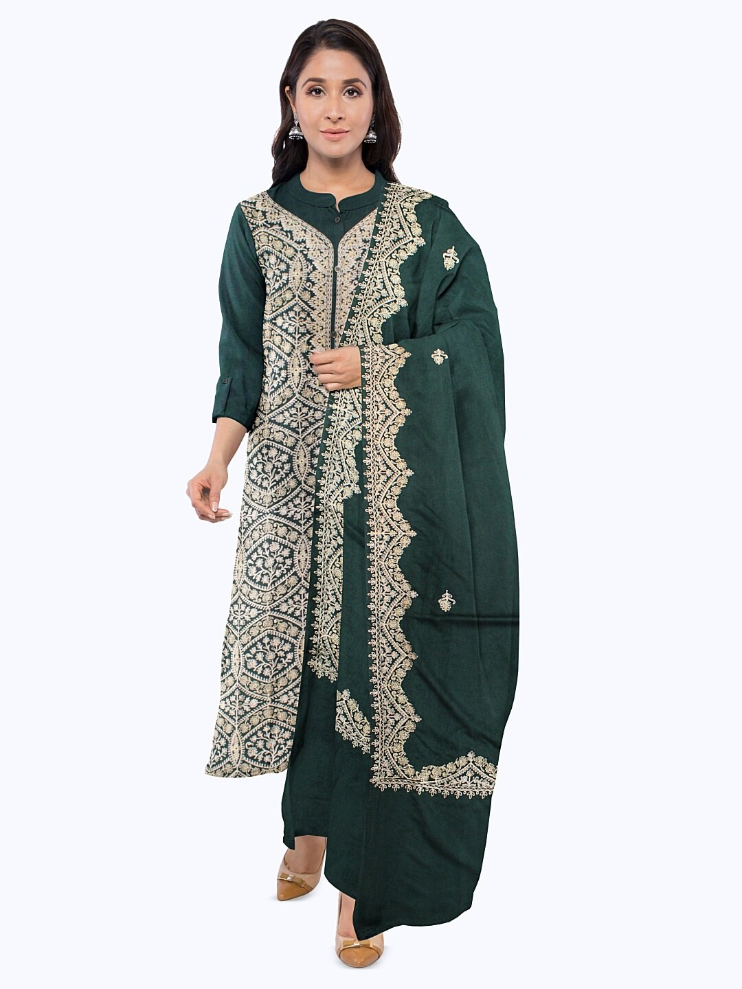 

CASMIR Floral Embroidered Zari Pashmina Unstitched Dress Material, Green