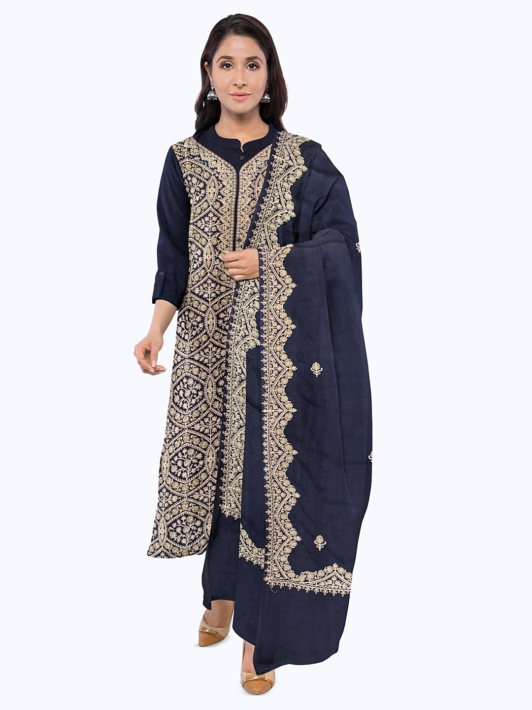 

CASMIR Ethnic Motifs Embroidered Zari Unstitched Dress Material, Navy blue