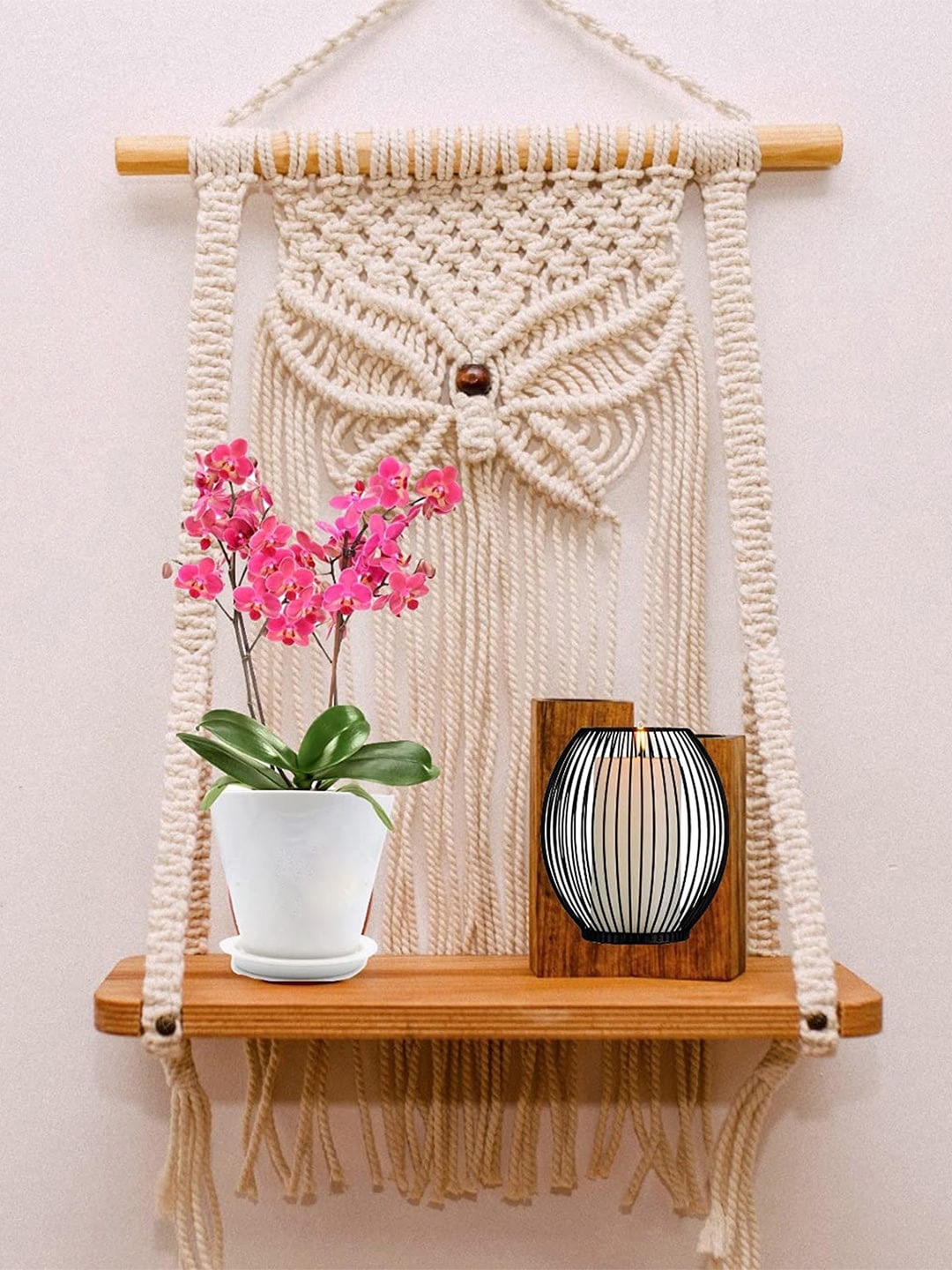 

Kaahira Off White Macrame Hanging Wall Shelf With Attached 3-Tier Floating Wooden Planks