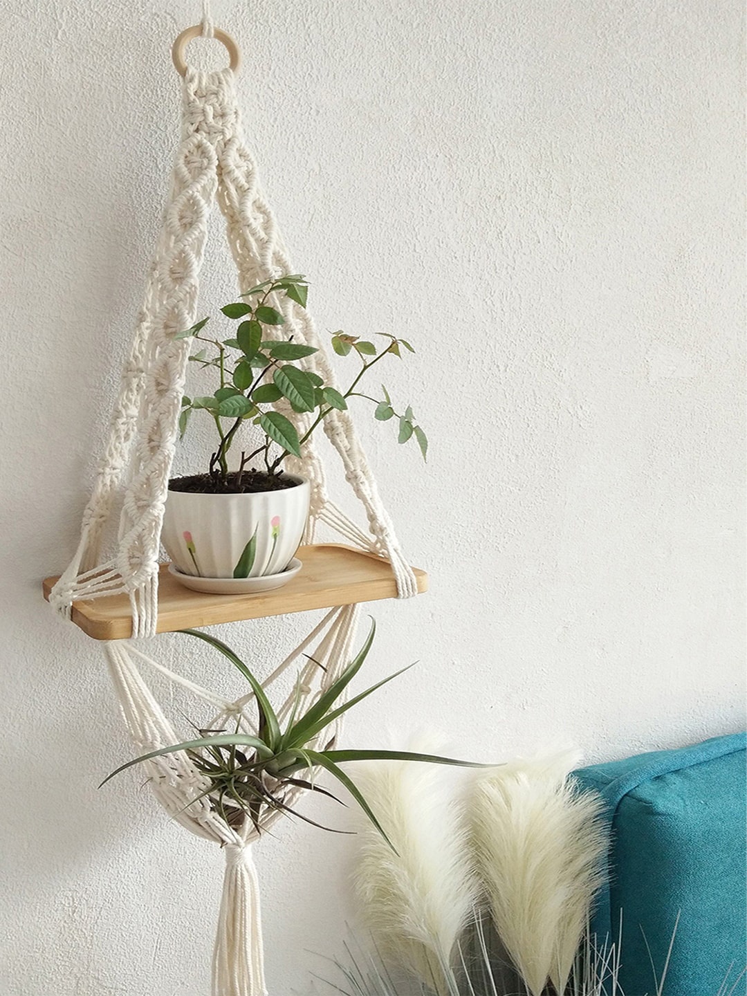 

Kaahira Off White Bohmein Style Macrame Hanging Wall Shelf With Attached Wooden Plank