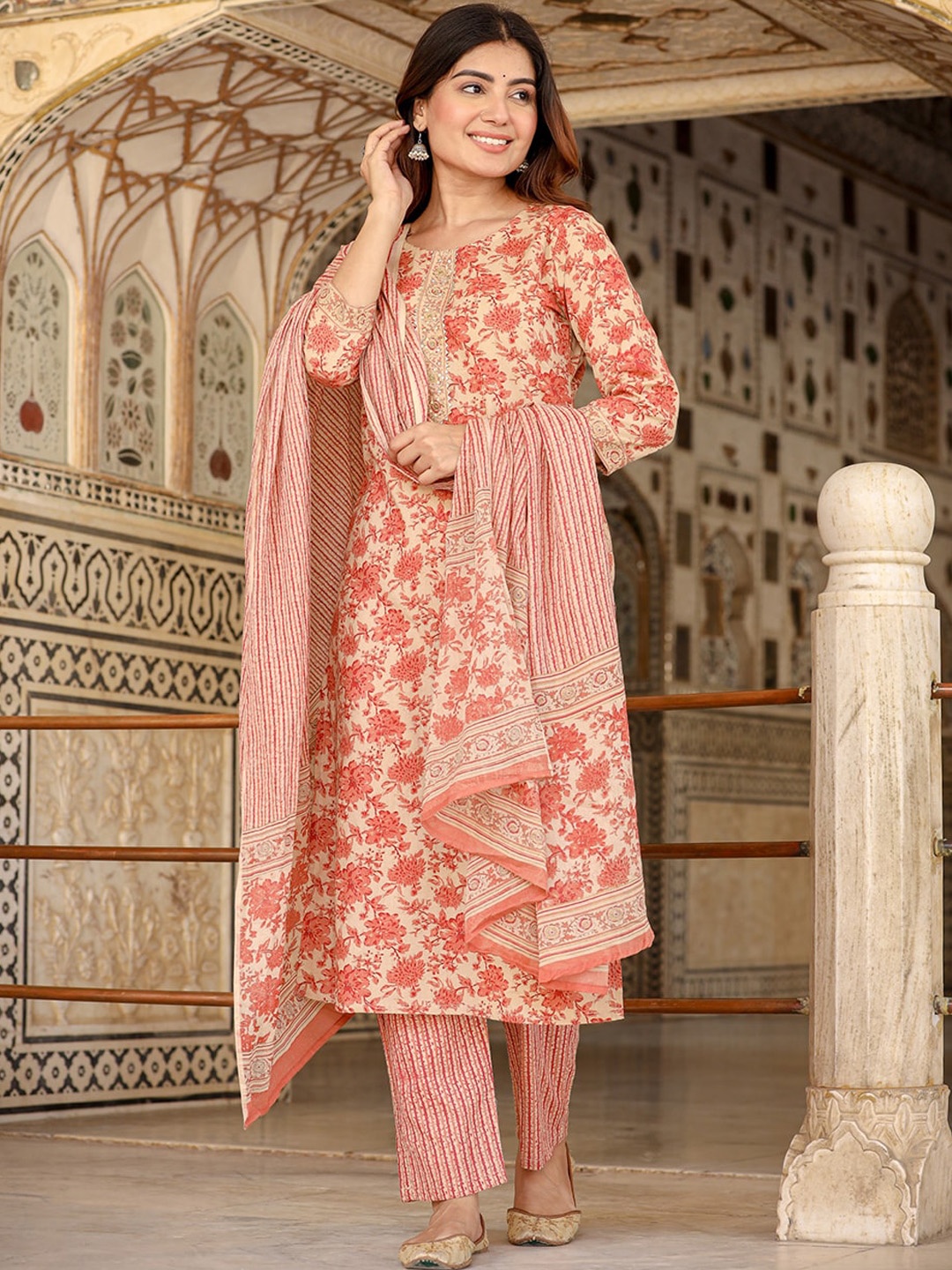 

Yufta Floral Printed Sequinned Pure Cotton Kurta & Trousers With Dupatta, Beige