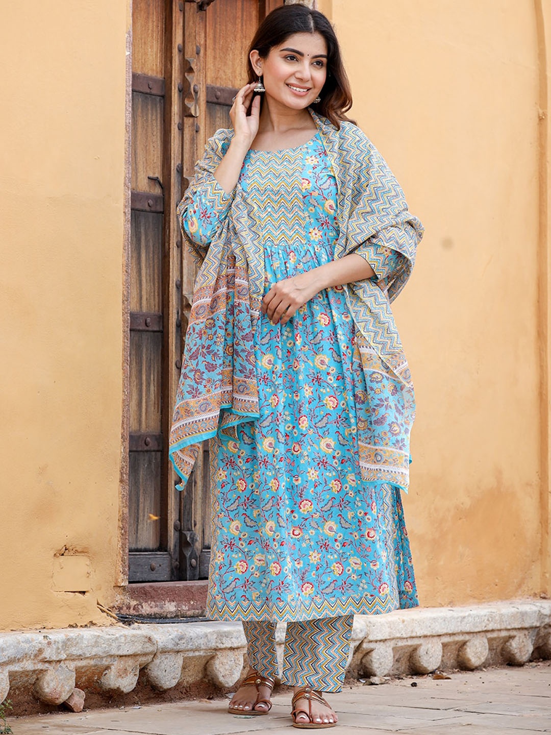 Yufta Floral Printed Aari Work Pure Cotton A-Line Kurta & Trousers With Dupatta, Blue