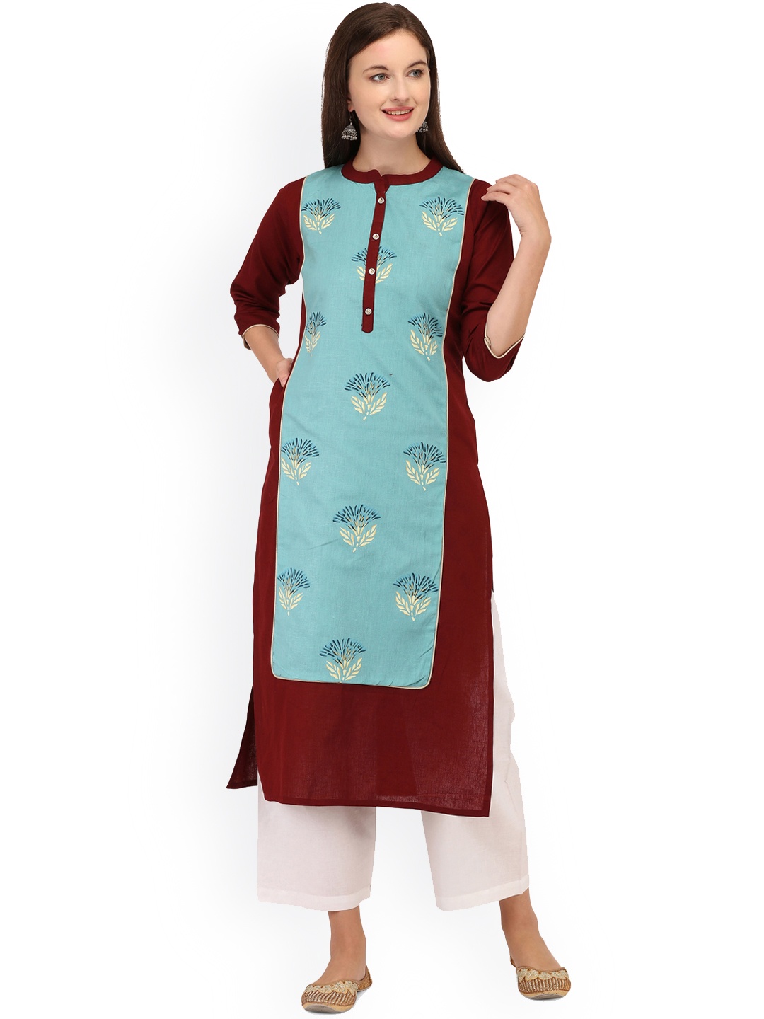 

RGHT Floral Printed Mandarin Collar Straight Kurta, Maroon
