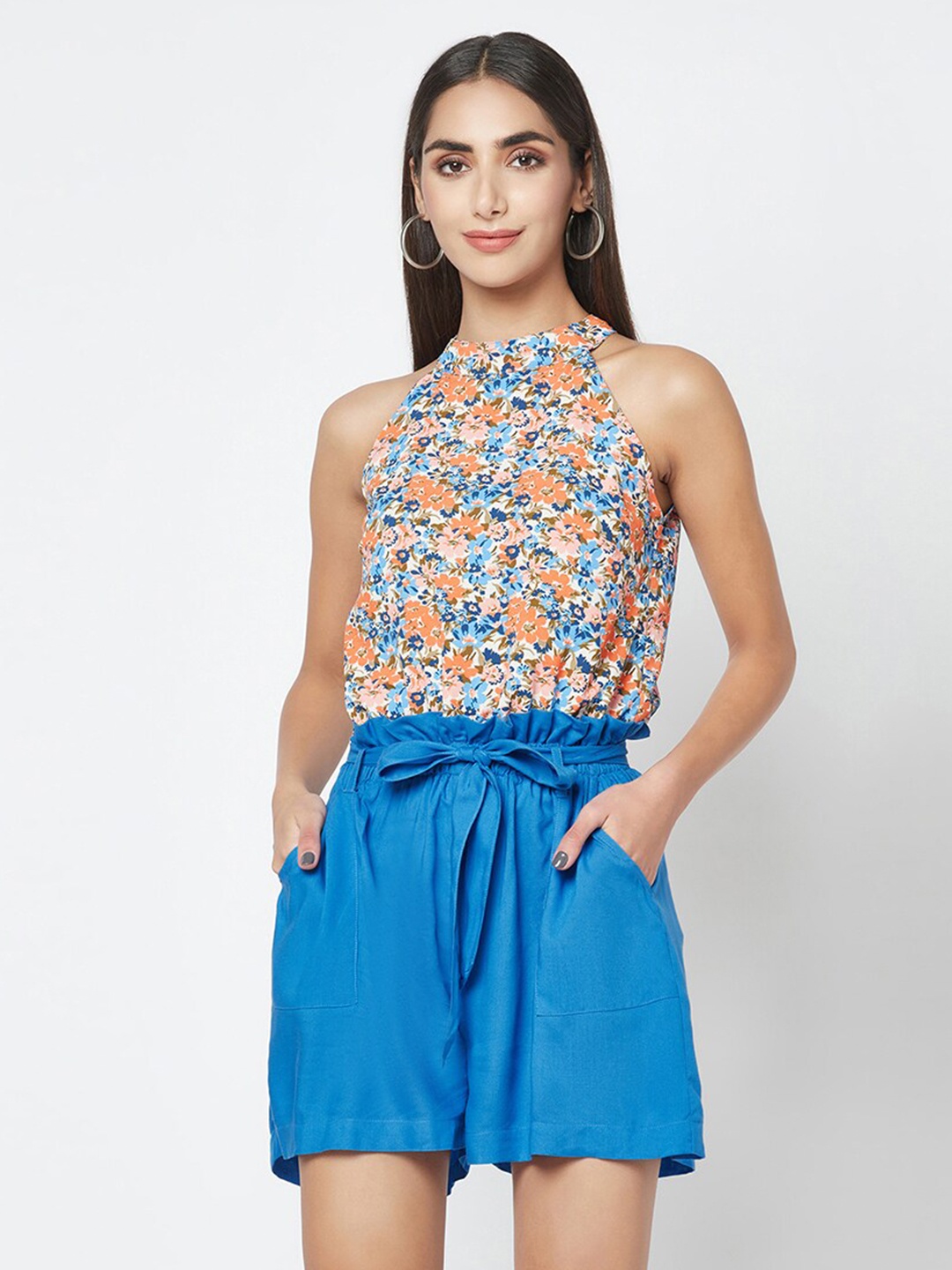 

SQew Floral Printed Waist Tie-Ups High Neck Playsuit, Blue