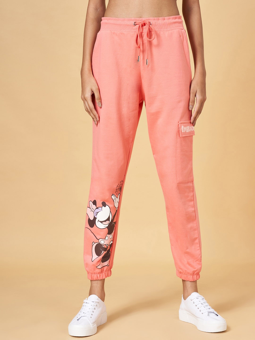

Honey by Pantaloons Women Mickey & Minnie Printed Cotton Joggers, Peach