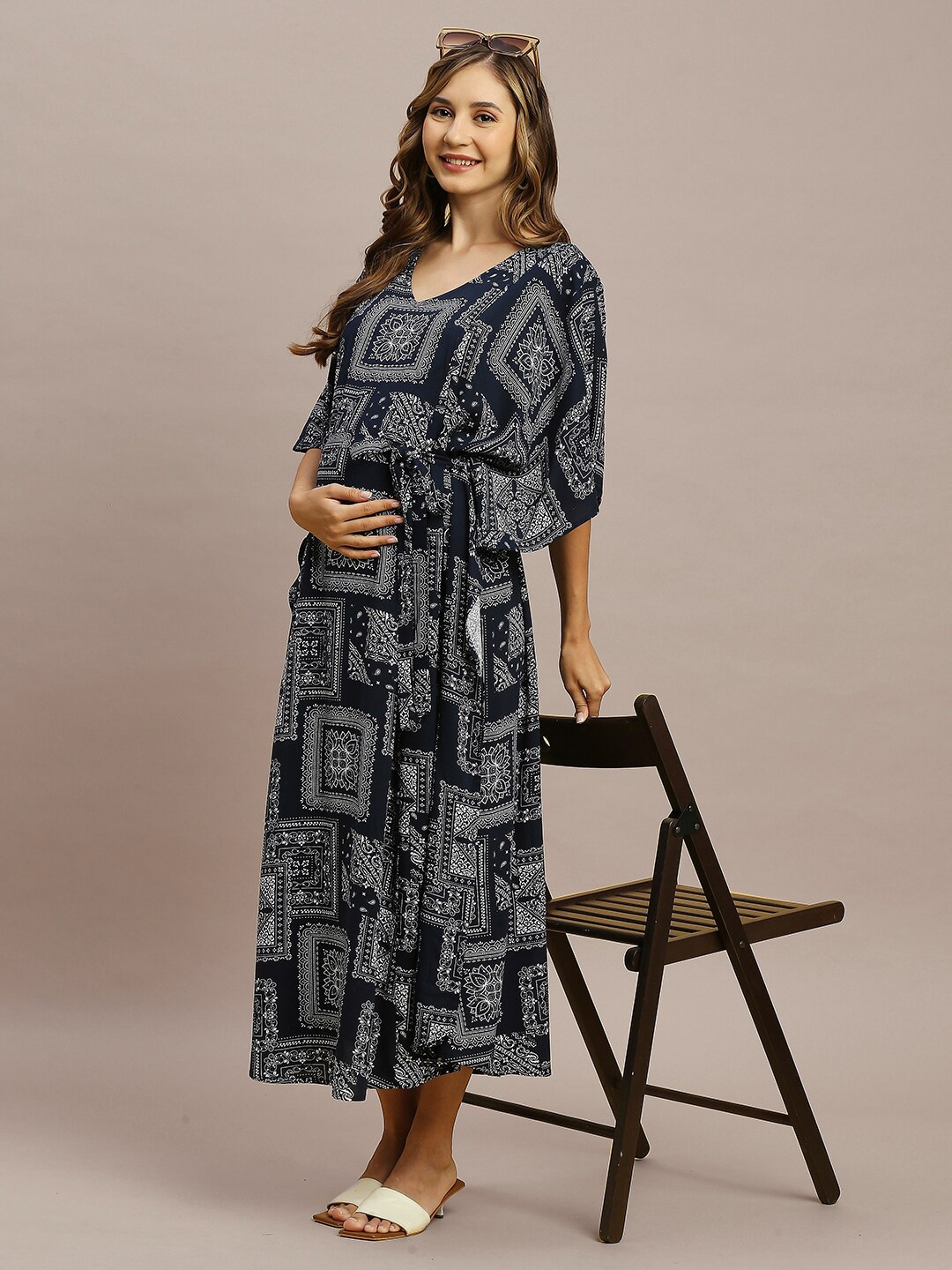 

MomToBe Ethnic Motifs Printed V-Neck Tie-Ups A-Line Maternity Midi Dress, Navy blue
