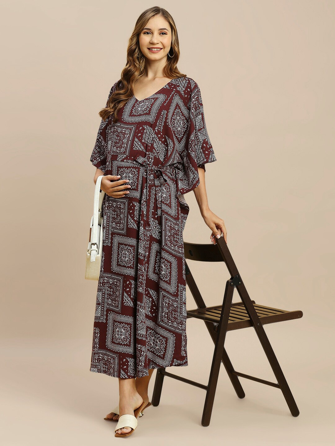 

MomToBe Ethnic Motifs Printed Kimono Sleeves Maternity Kaftan Midi Dress, Maroon