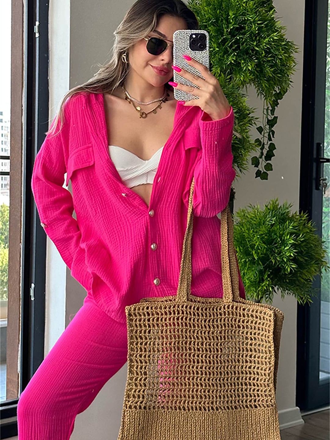 

LULU & SKY Self-Design Shirt Collar Shirt With Flared Trousers, Pink
