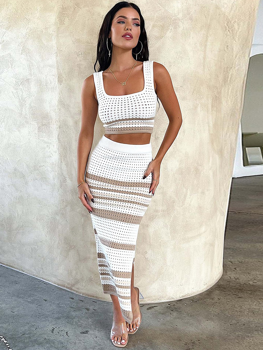 

LULU & SKY Self Design Shoulder Straps Crop Top & Skirt, White