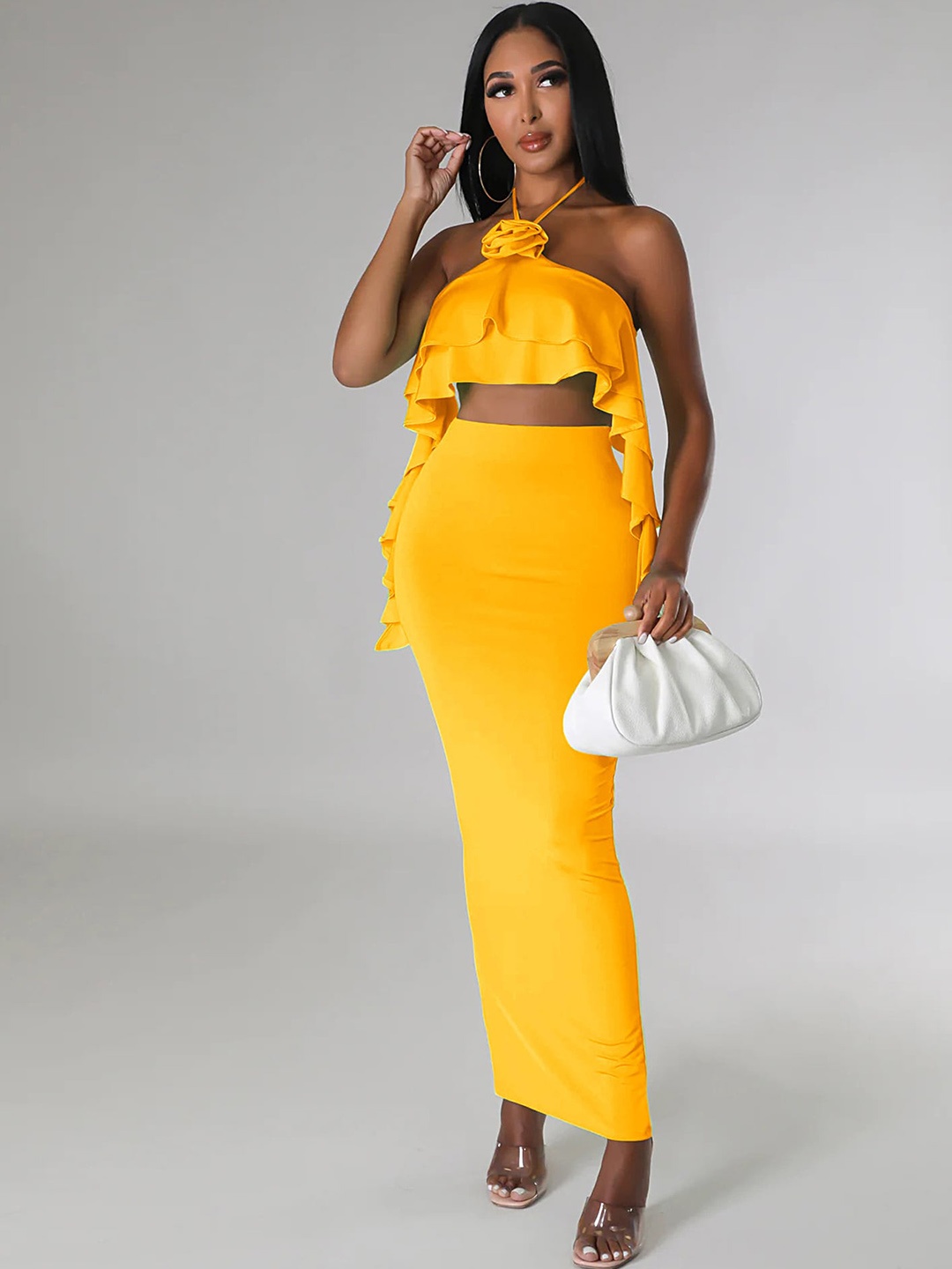 

LULU & SKY Halter Neck Sleeveless Top With Skirt, Yellow