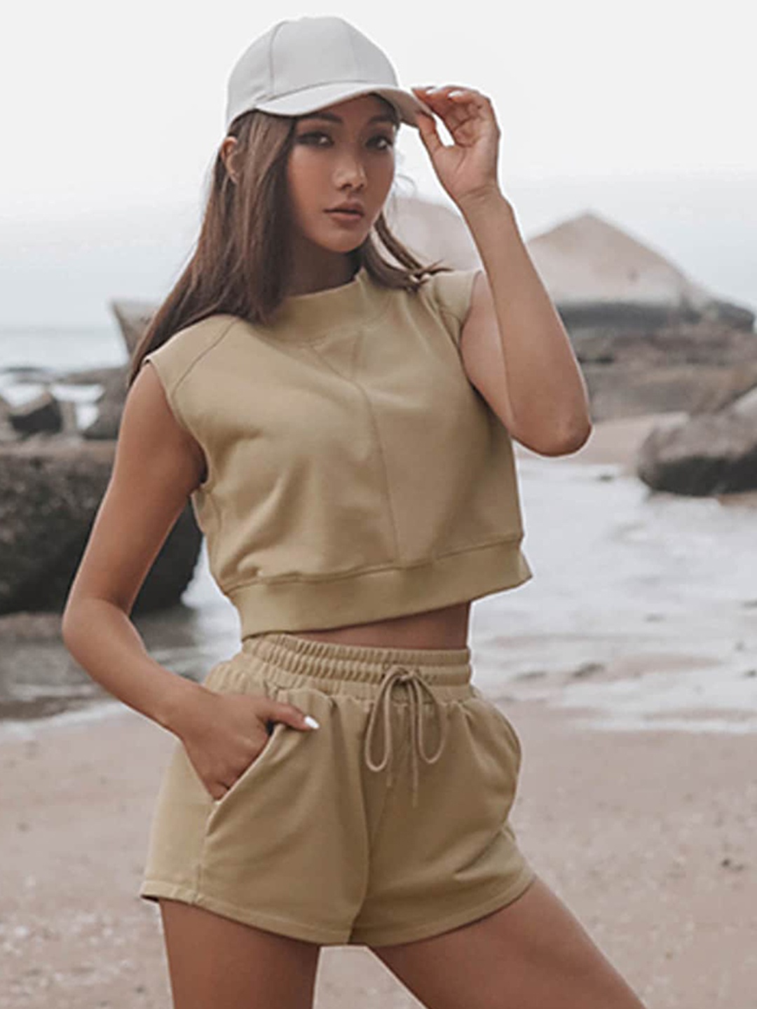 

LULU & SKY High Neck Crop Top With Shorts, Beige