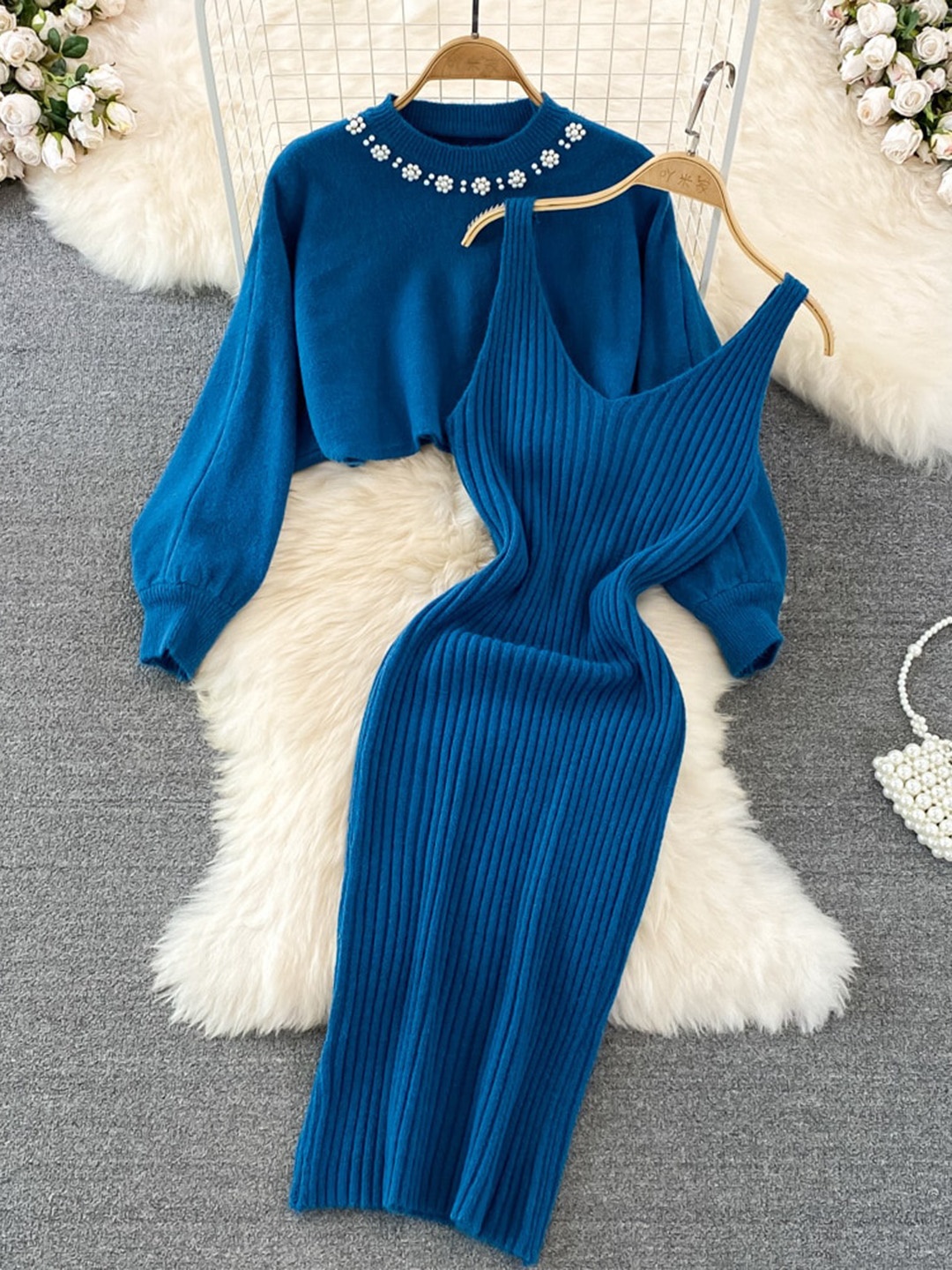 

LULU & SKY Shoulder Straps Sleeveless Knitted Bodycon Dress With Sweatshirt, Blue