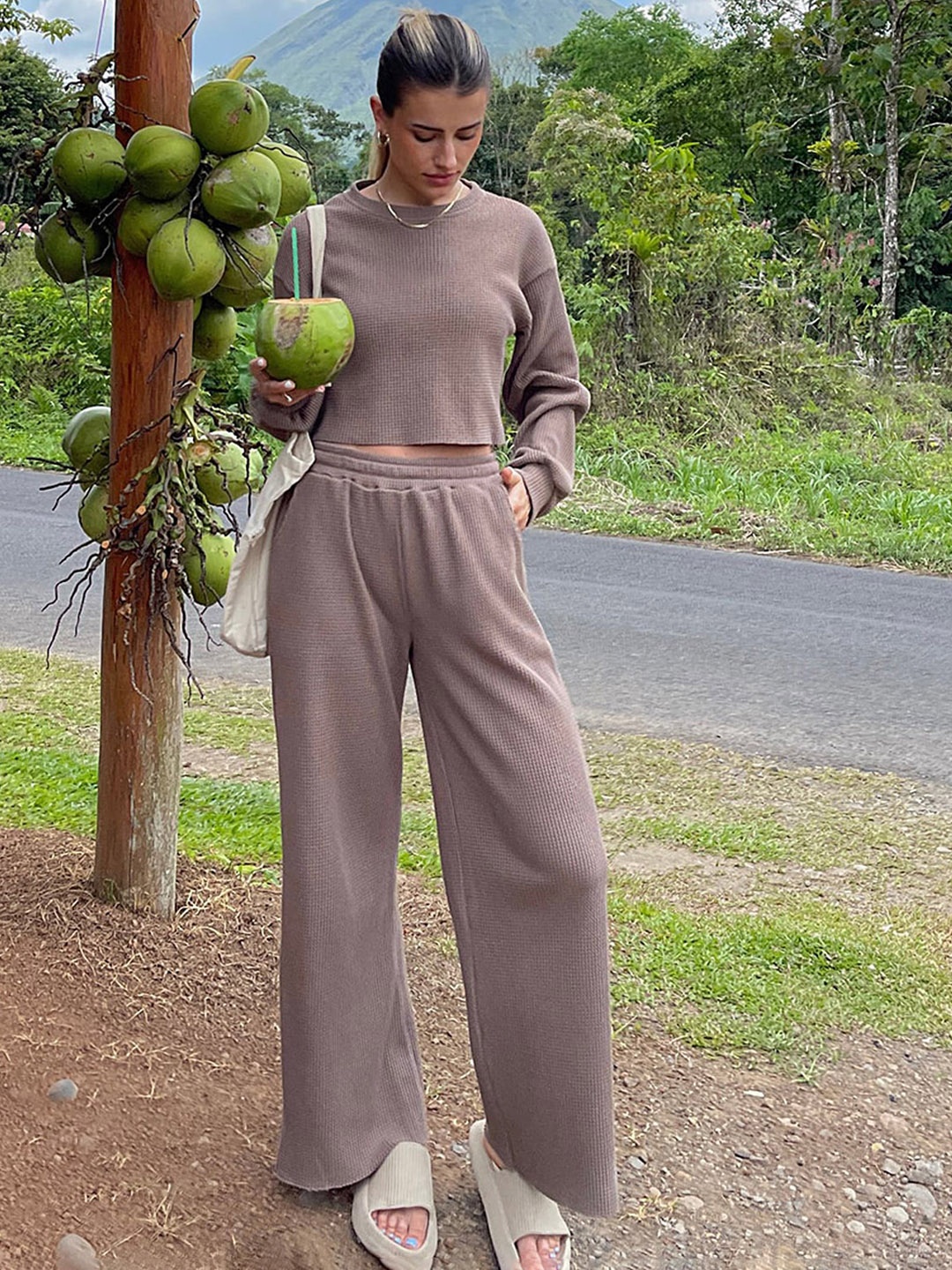 

LULU & SKY Ribbed Round Neck Top & Trousers, Coffee brown