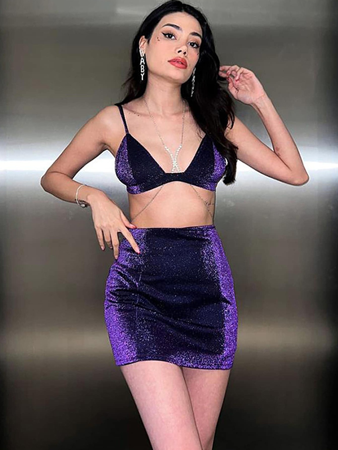 

LULU & SKY Embellished Plunging Neck, sleeveless Crop Top with Low-Waist Mini Skirt, Purple