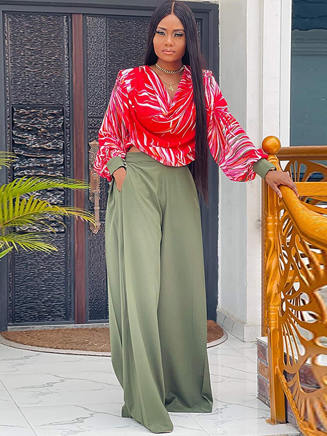 

LULU & SKY Abstract Printed Cowl Neck Top With Palazzos ], Red