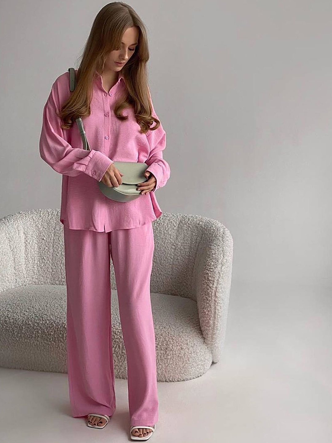 

LULU & SKY Shirt Collar Drop-Shoulder Sleeves Shirt With Trousers Co-Ords, Pink