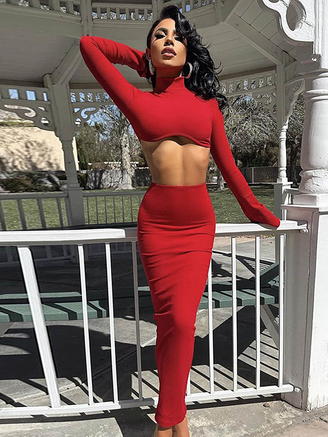 

LULU & SKY High Neck Crop Top With Pencil Skirt, Red