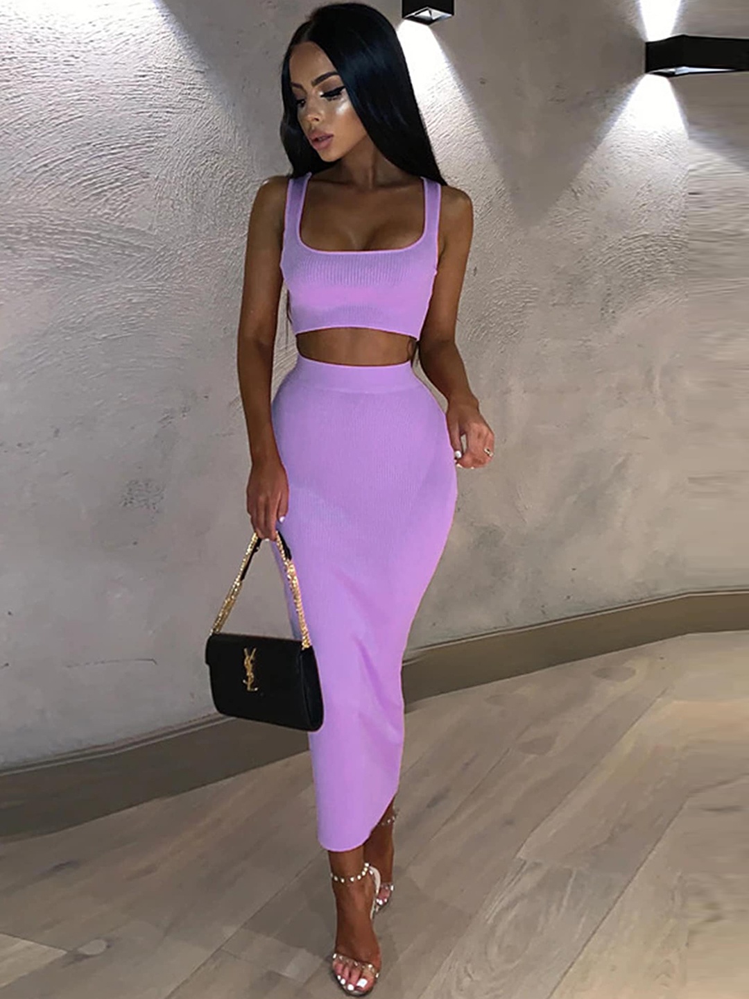 

LULU & SKY Scoop Neck Shoulder Straps Crop Top With Pencil Skirt, Purple